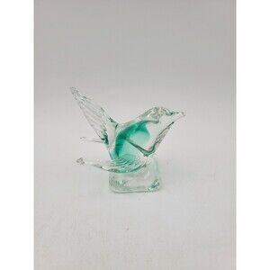 Small Art Glass bird Figurine Green And Clear Hand Blown Sculpture